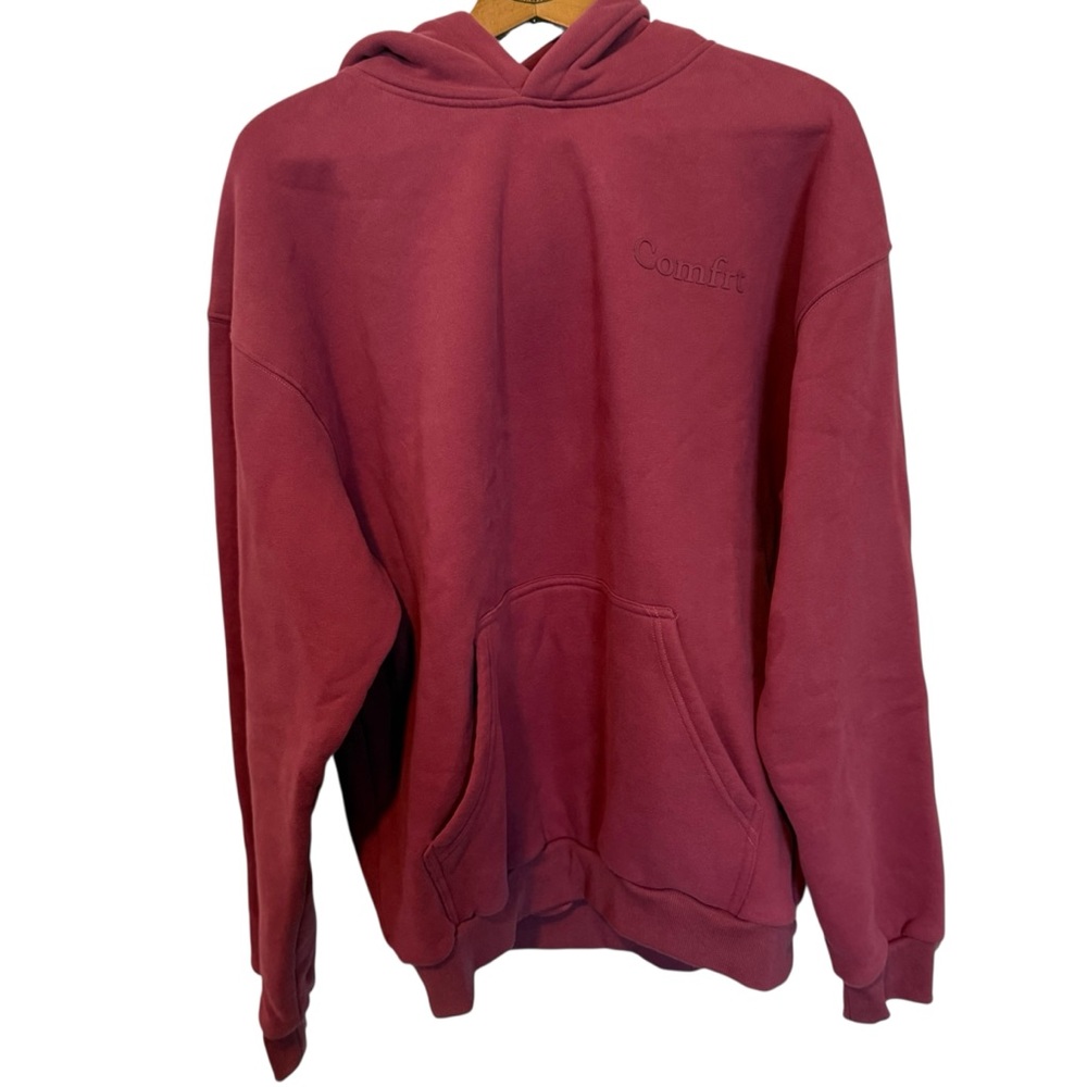 Comfrt Minimalist Hoodie L Maroon Red Fleece Sweatshirt Pullover Weighted Unisex